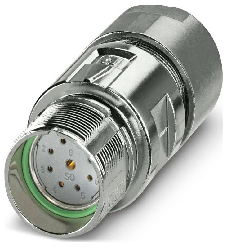 Ein metallischer kreisförmiger Stecker mit einem grünen Ring, der für elektrische Verbindungen verwendet wird und mehrere Stifte zum Übertragen von Signalen aufweist.