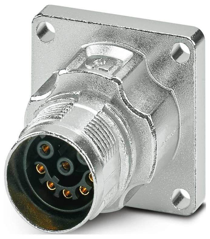 Ein metallischer runder Stecker mit acht vergoldeten Stiften, montiert auf einer quadratischen Basis mit vier Schrauben, verwendet für industrielle Anwendungen.