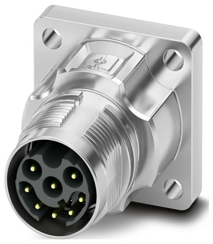 Ein metallischer, kreisförmiger Stecker mit fünf vergoldeten Stiften, die in einem Halbkreis angeordnet sind, montiert auf einer quadratischen Basis mit vier Schrauchlöchern.