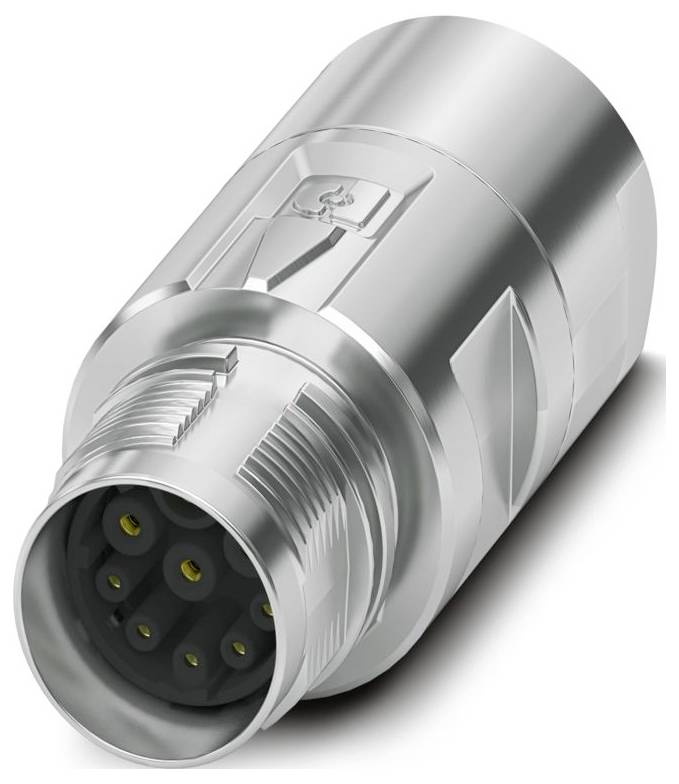 Ein zylindrischer Metallstecker mit mehreren Steckerplätzen, Schrägansicht, die sein robustes Design und seine Eignung für den industriellen Einsatz hervorhebt.