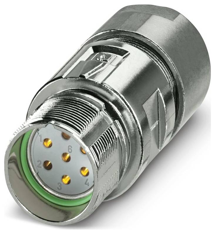 Ein zylindrischer Metall-Elektrostecker mit drei goldfarbenen Kontaktstiften, konzipiert für sichere Stromversorgung oder Datenübertragung, aus schrägem Blickwinkel gezeigt.