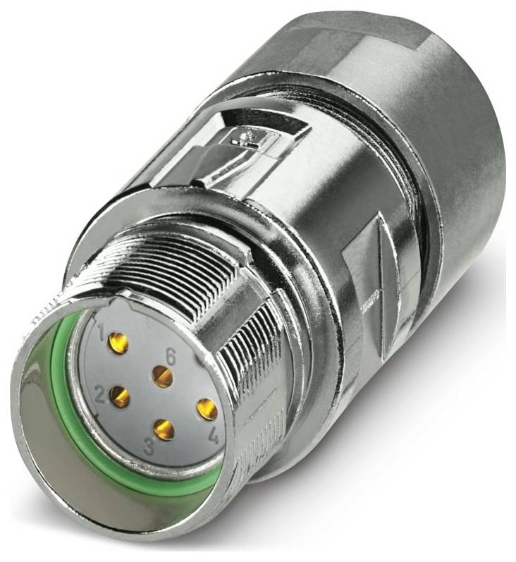 Metallischer kreisförmiger Industriestecker mit mehreren Stiften, nummeriert von 1 bis 6, wird für sichere elektrische Verbindungen in Maschinen verwendet.