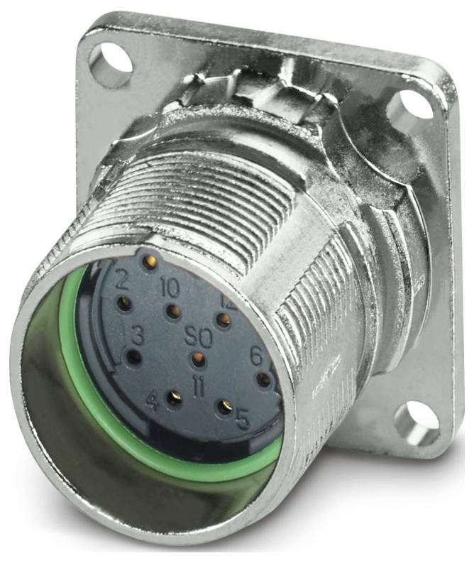 Ein Metall-Industriestecker mit mehreren Stiften, einschließlich eines grünen Rings, entwickelt für elektrische Verbindungen in Maschinen oder Ausrüstungen.