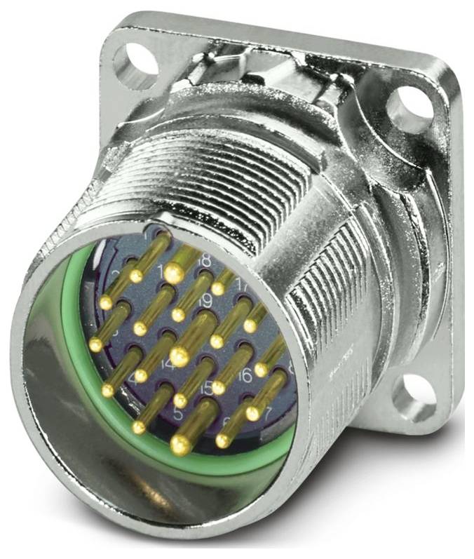 Ein Metallstecker-Steckverbinder mit mehreren vergoldeten Stiften, die in zwei Reihen angeordnet sind und für industrielle oder elektronische Anwendungen verwendet werden.