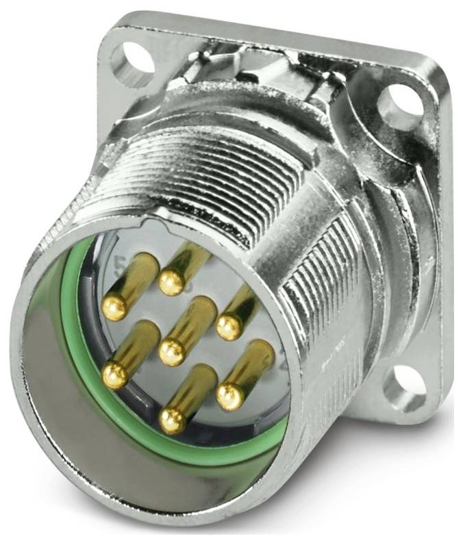 Metallischer kreisförmiger Stecker mit acht goldenen Stiften in einem Rastermuster im Inneren.