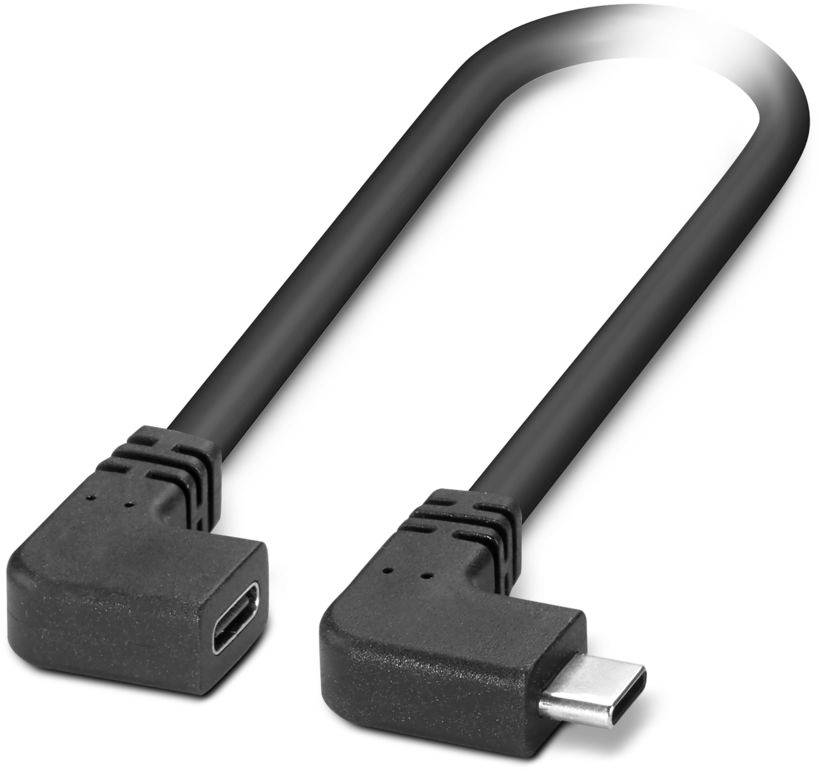 Ein schwarzes USB-Typ-C-Kabel mit Winkelsteckern an beiden Enden.