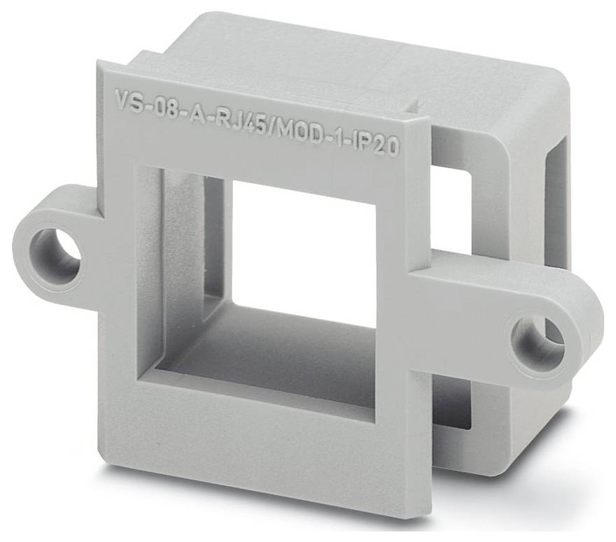 Eine graue, rechteckige Kunststoff-Montageklammer mit zwei Seitenlöchern und einer quadratischen Öffnung, gekennzeichnet mit 'VS-08-A-RJ45/MOD-1-IP20'.