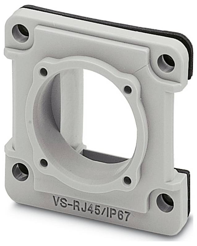 Eine quadratische, graue Kunststoffmontageplatte mit einer kreisförmigen Öffnung, ausgelegt für VS-RJ45/IP67-Steckverbinder, mit vier Schraubenlöchern.