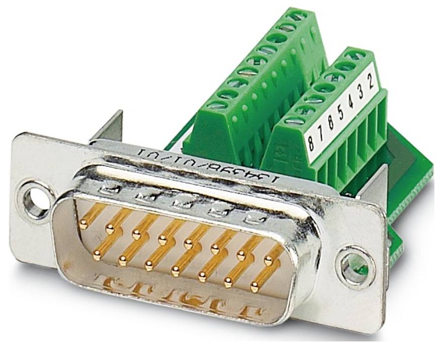 Ein Metall-DB9-Stecker mit grünen Klemmblöcken, der zum Verbinden von Geräten mit seriellen Anschlüssen verwendet wird, zeigt nummerierte Stifte zum Verdrahten.