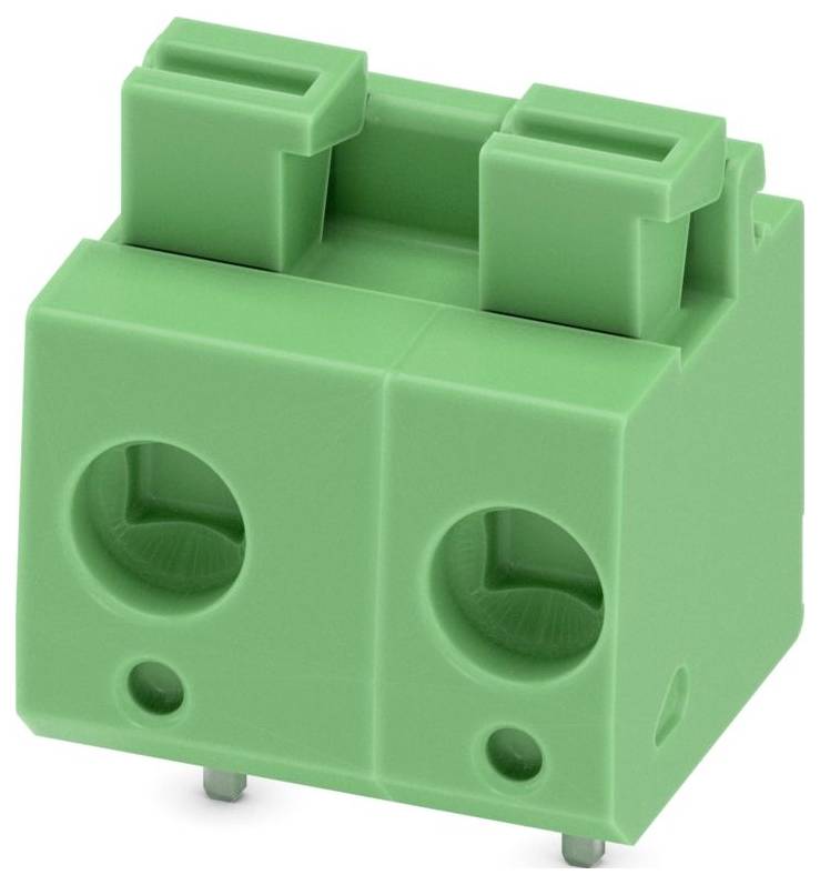 Ein grünes Klemmenblöck mit zwei Positionen, Drahtverbindungen mit Obereinführung und zwei Befestigungsstifte, verwendet für elektrische Verbindungen.
