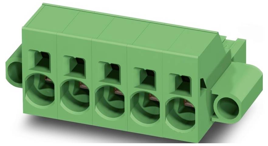 Green five-pin terminal block with side openings, used for electrical connections.