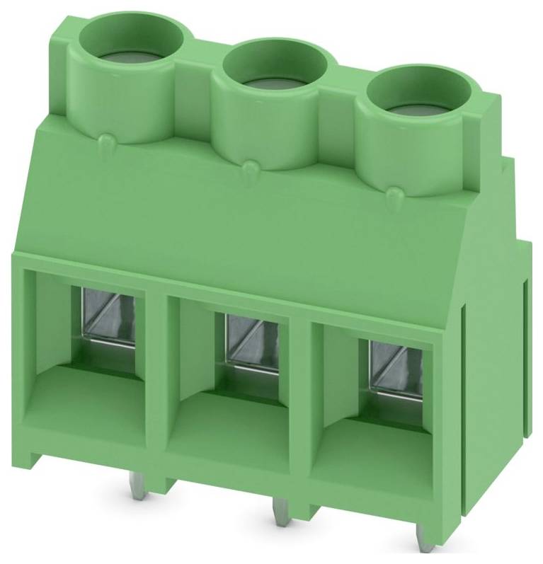 A green three-position connector with slots and cylindrical openings, used for electrical wiring applications, viewed at an angle.