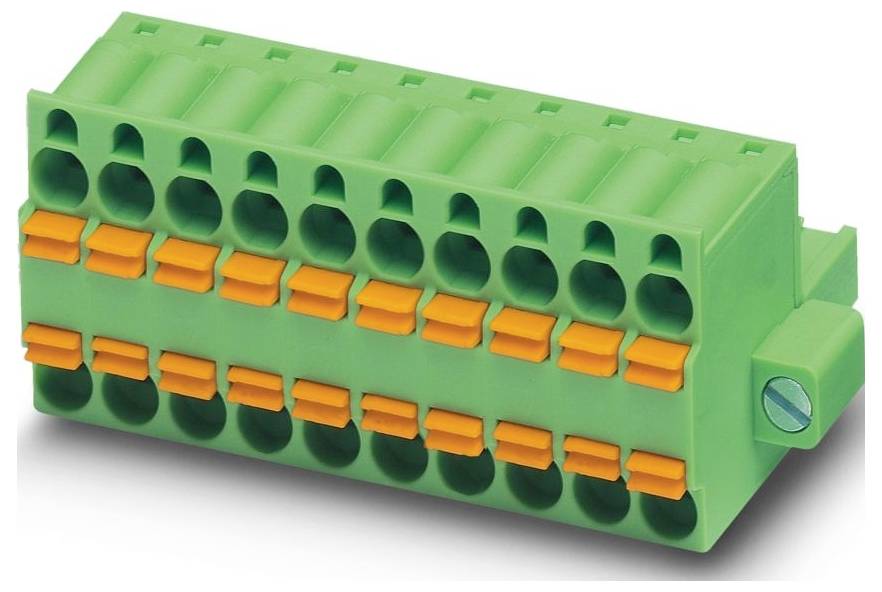 A green electrical terminal block with multiple connection points, featuring orange levers for securing wires.