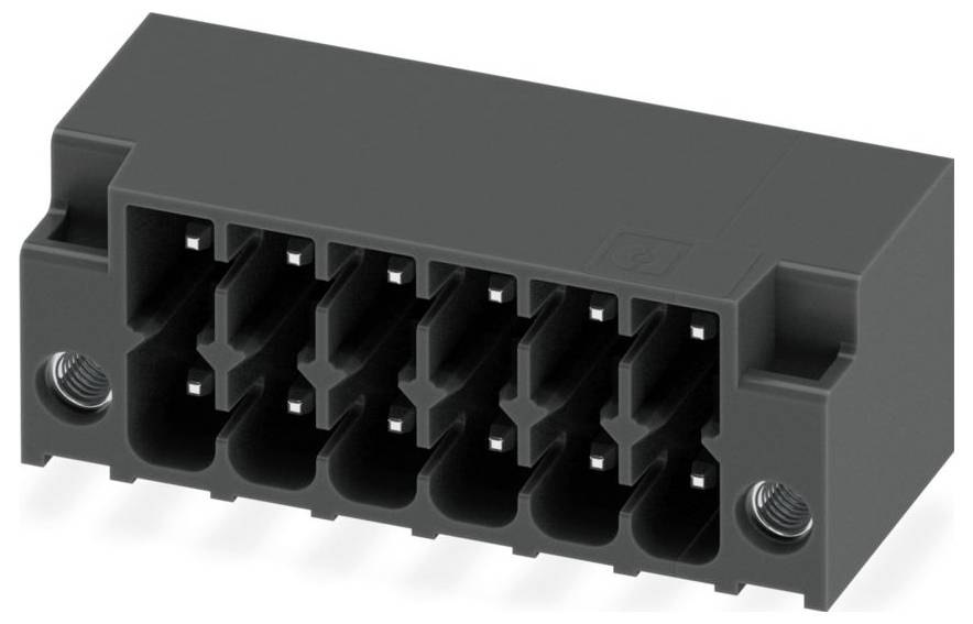 A black multi-slot rectangular electronic connector designed for circuit integration, shown in a close-up view with visible mounting holes.