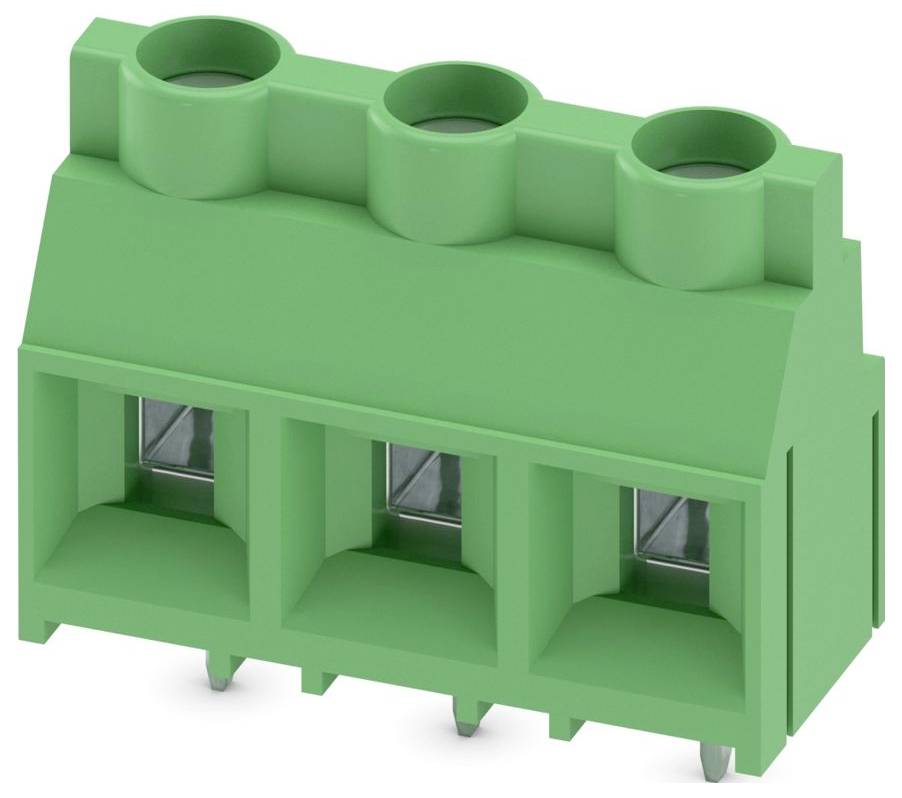 A green three-pole terminal block connector with three circular openings on top, used for connecting electrical wires securely.