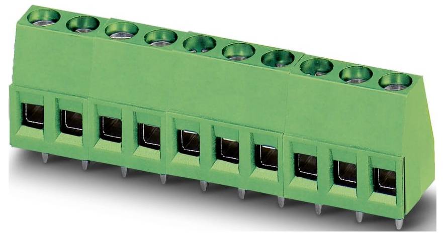 A green terminal block connector with eight slots designed for securing electrical wires, commonly used in electronic circuit assemblies.