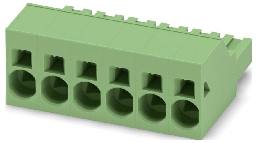 Green six-position modular terminal block connector with mounting slots, used for electrical connections in circuit boards.