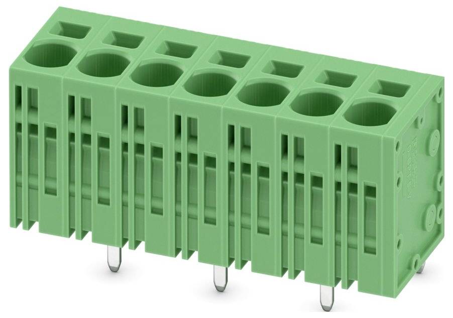A green electrical terminal block with seven connection points and pins for circuit board mounting.