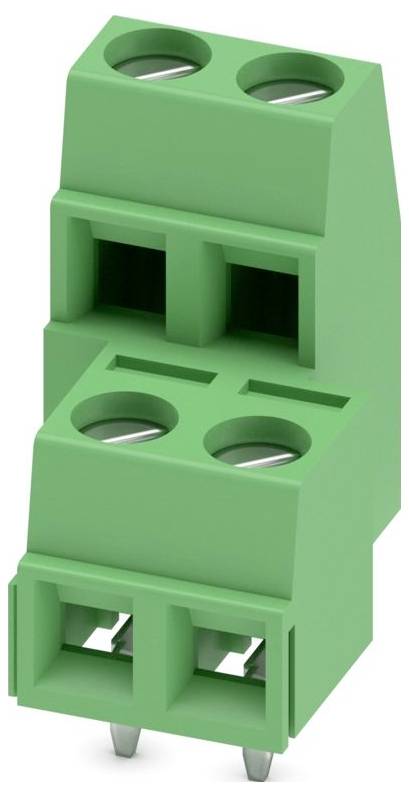 A close-up of a green two-pin terminal block with screws, used for electrical connections. The block has two wire ports and two mounting pins.