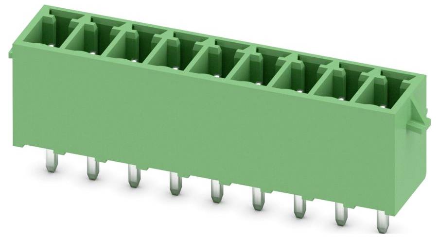 Ein grüner elektrischer Stecker mit acht Stiftplätzen, geeignet zum Verbinden mehrerer Schaltungskomponenten.