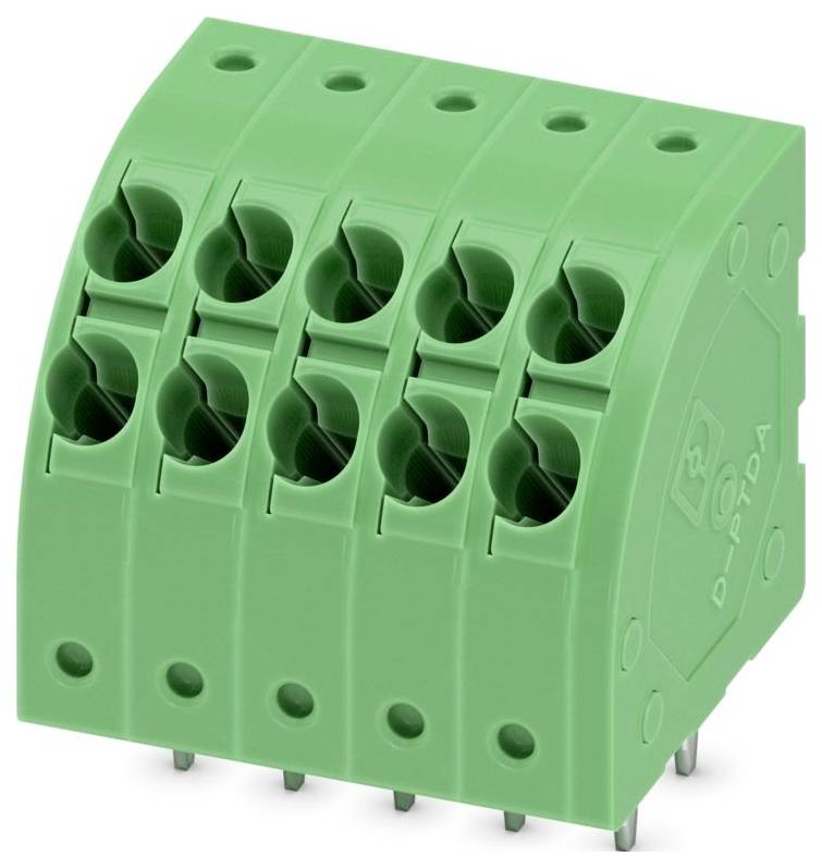 Ein grüner Klemmblockstecker mit mehreren Steckplätzen, der für elektrische Verbindungen auf Leiterplatten verwendet wird.