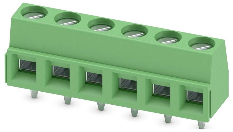 Ein grüner fünfpoliger Klemmenblockstecker mit kreisförmigen Öffnungen oben und Metallstiften unten für elektrische Verbindungen.