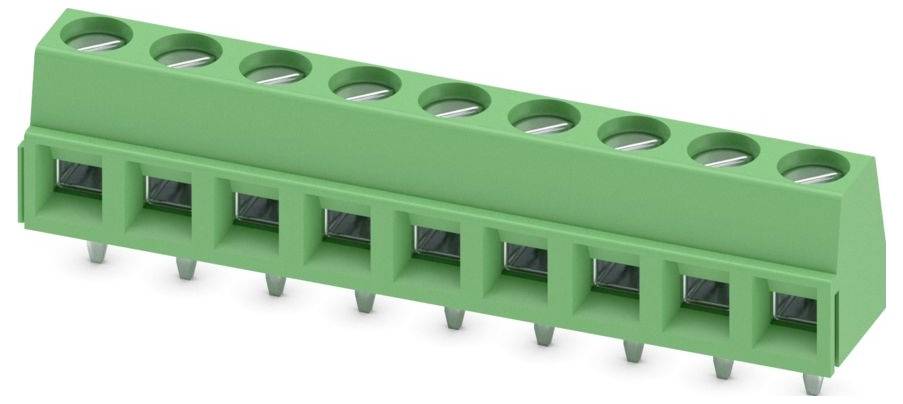 A green 10-pin terminal block connector with metal contacts, used for connecting electrical circuits securely.