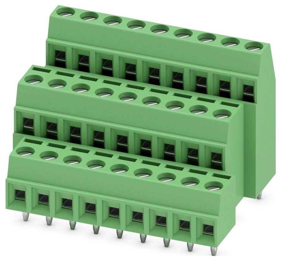 Ein grünes, dreistöckiges Anschlussblöcke mit mehreren Anschlüssen und Metallstiften, das in industriellen Umgebungen für die elektrische Verdrahtung verwendet wird.
