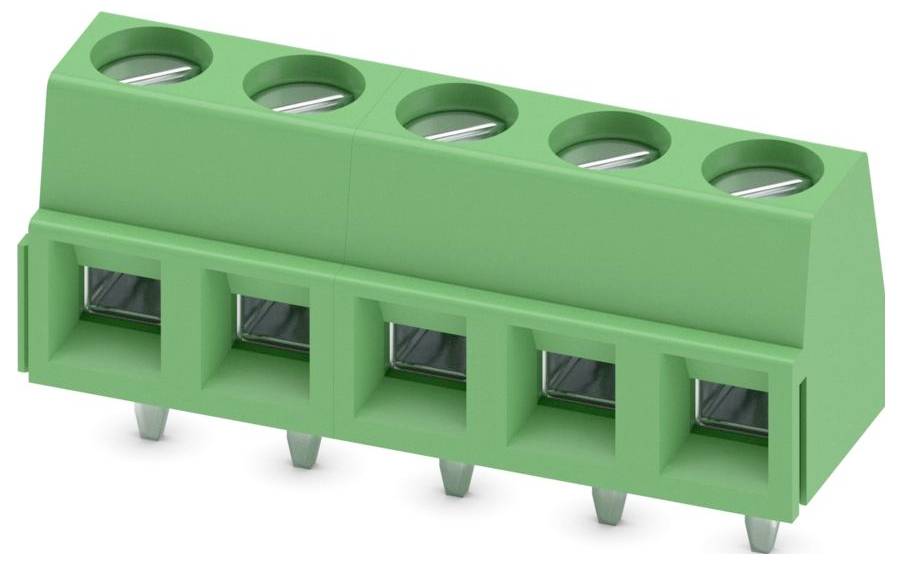 Ein grüner und orangefarbener Elektroklemmblock mit mehreren Anschllusspunkten.