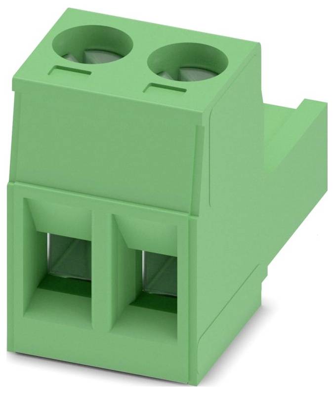 Grünes zweipoliges Klemmblockstecker mit zwei kreisförmigen Drahteinführungen oben und gestuftem Design, das für elektrische Verbindungen verwendet wird.