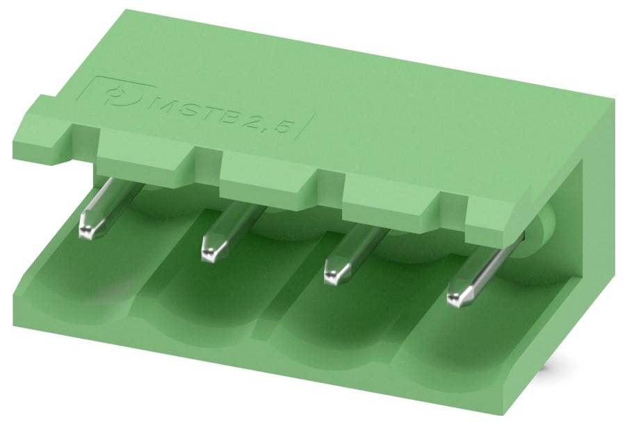 Ein grüner vierstiftiger Elektrostecker mit silbernen Kontakten, die auf einer Seite herausragen, wird zur Verbindung von Leiterplatten verwendet.