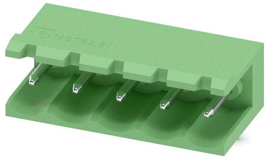 Ein grünes Leiterplatten-Klemmblock mit fünf Metallstiften, verwendet zum Verbinden von Drähten in elektronischen Schaltkreisen.