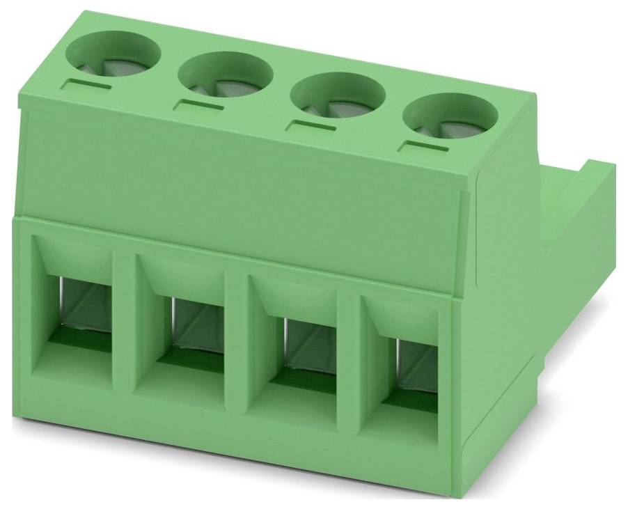 A green electrical terminal block with four circular connection points lined up horizontally, used for housing wiring connections.