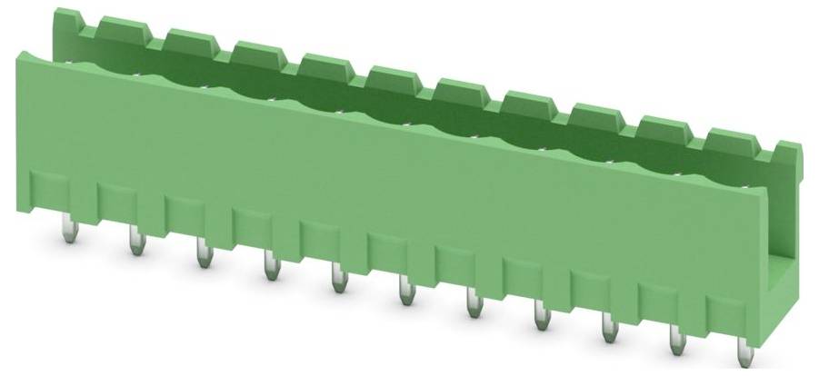 Ein grüner elektrischer Stecker mit zwei nach unten abgewinkelten Stiften, mit quadratischer Form und einer Nut oben zur sicheren Befestigung.