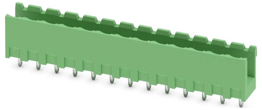 Ein grüner, kunststoffener Elektrostecker mit drei kreisförmigen Öffnungen oben und drei rechteckigen Schlitzen vorn.