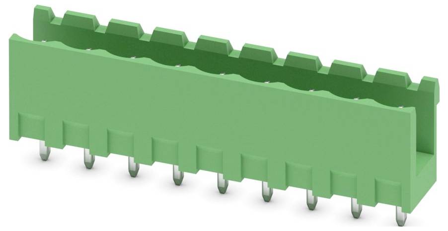 Grüner Elektroklemmenblock mit 12 nummerierten Steckplätzen und orangefarbenen Steckverbindern.