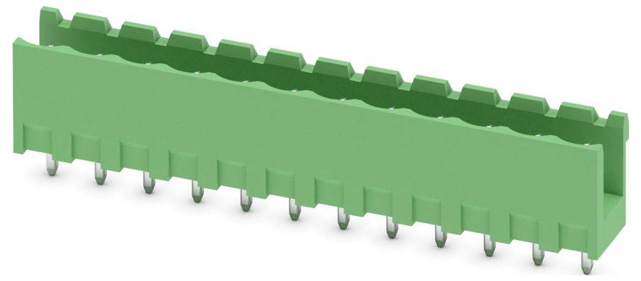 Ein grüner rechteckiger Stecker mit mehreren Metallstiften, verwendet für elektronische Verbindungen.