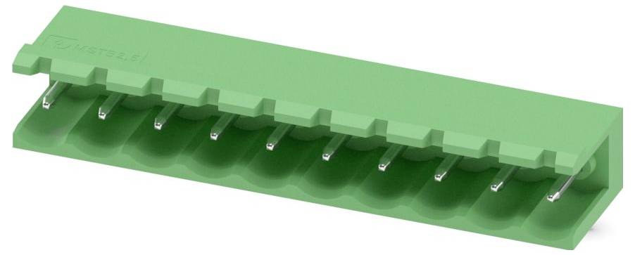 Grüner elektronischer Stecker mit mehreren Metallstiften, die in einem rechteckigen Gehäuse ausgerichtet sind.