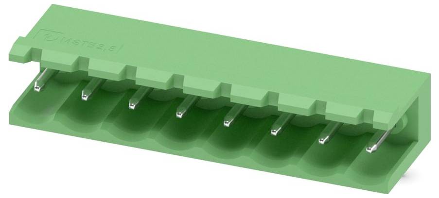 Ein grüner Kunststoff-Elektronikstecker mit mehreren Metallstiften, die von unten herausragen, um eine Befestigung auf einer Leiterplatte zu ermöglichen.