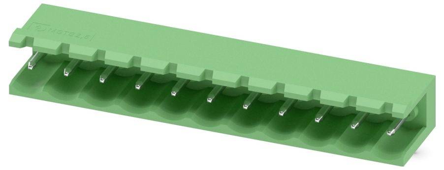 Ein grünes 10-polig abgewinkeltes Leiterplatten-Klemmenbrett mit Metallstiften, das für elektrische Verbindungen auf Leiterplatten ausgelegt ist.