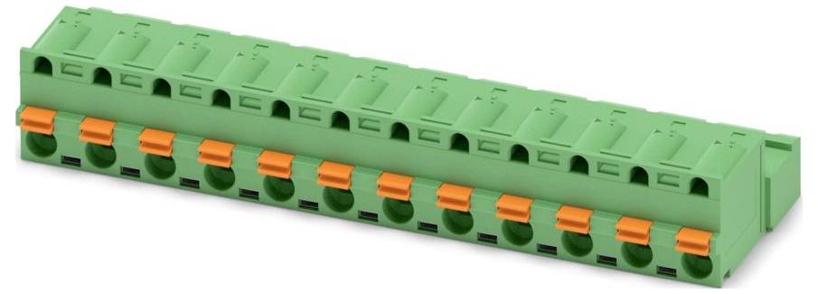 Ein grünes Klemmleistenblock mit mehreren orangefarbenen Verbindungspunkten, das für die elektrische Verdrahtung verwendet wird.