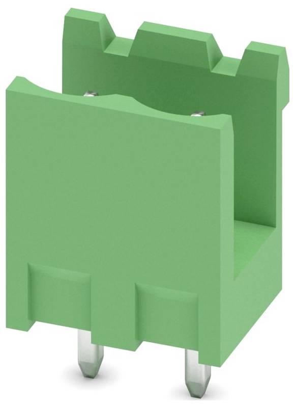 Ein grüner vertikaler Elektrostecker mit zwei Metallstiften, die nach unten zeigen. Der Stecker hat eine blockähnliche Form und einen zentralen Schlitz.