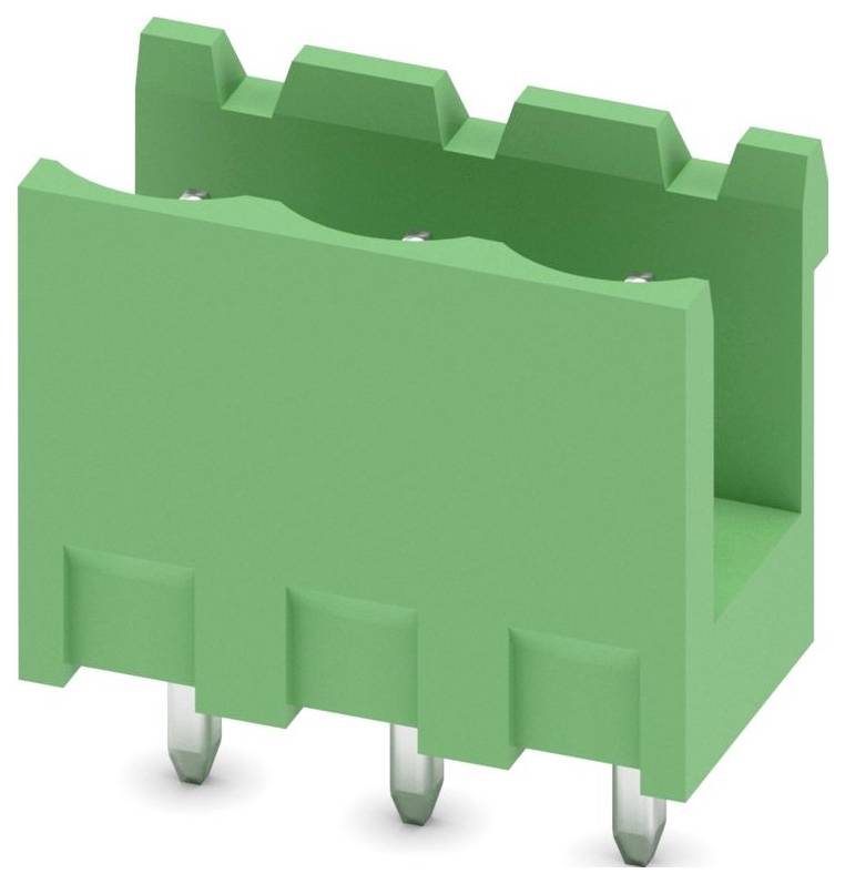 Ein grüner, dreipoliger elektronischer Stecker mit kunststoffgehäuse, das zur befestigung auf leiterplatten ausgelegt ist.