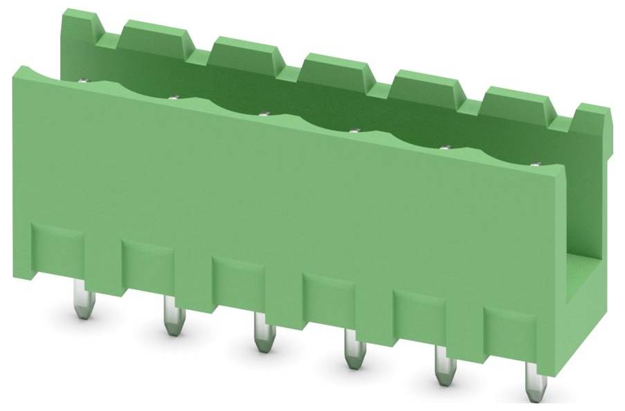 Ein grüner Stecker mit acht Metallstiften zur Montage auf einer Leiterplatte, typischerweise in elektronischen Projekten für Signalverbindungen verwendet.