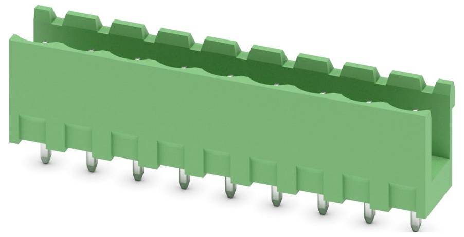 Ein grüner elektronischer Stecker mit mehreren Stiften, der für Leiterplatten verwendet wird, in einer Seitenansicht dargestellt.