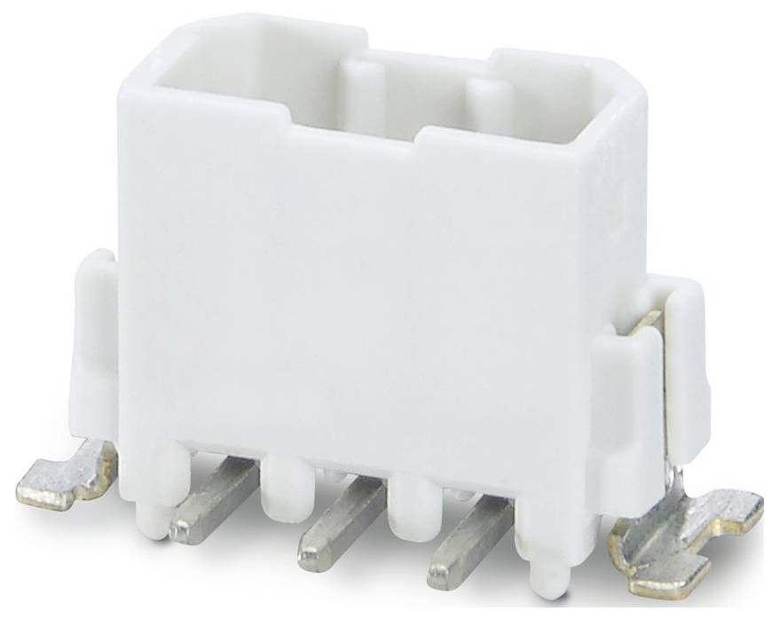 Ein weißer, rechteckiger Elektrostecker mit vier Metallkontakten, konstruiert zur Montage auf einer Leiterplatte, verwendet in elektronischen Geräten.