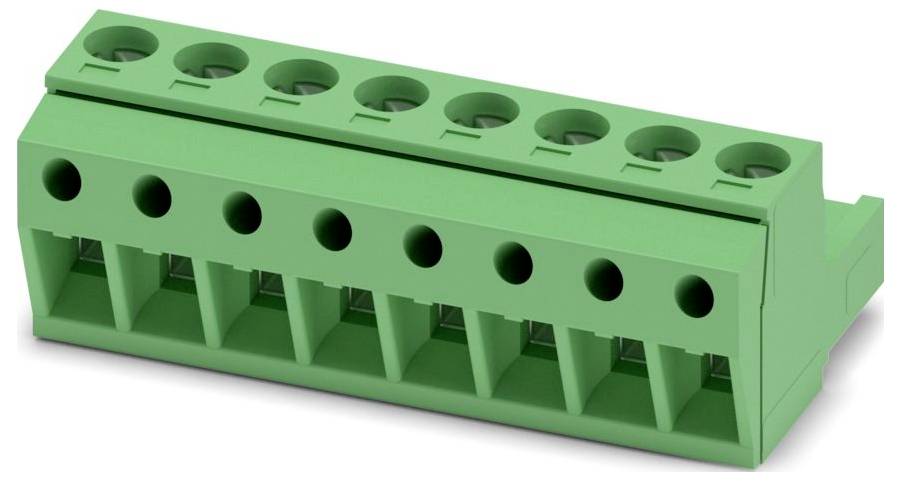 Ein grünes Schraubklemmblock mit acht Anschlußpunkten, das zum Befestigen von elektrischen Drähten in Stromkreisen oder Geräten konzipiert ist.