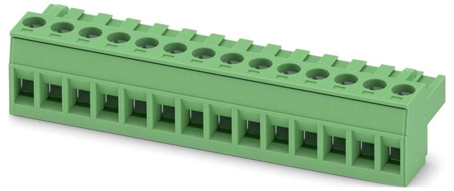 Ein grünes Klemmenblock mit mehreren orangefarbenen Steckverbindern, die für elektrische Verbindungen in industriellen oder elektronischen Anwendungen verwendet werden.