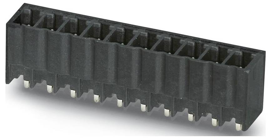 Ein grüner PCB-Klemmleisten-Stecker mit mehreren Metallstiften zur Befestigung. Wird in der Elektrotechnik zum Verbinden von Drähten mit einer Leiterplatte verwendet.