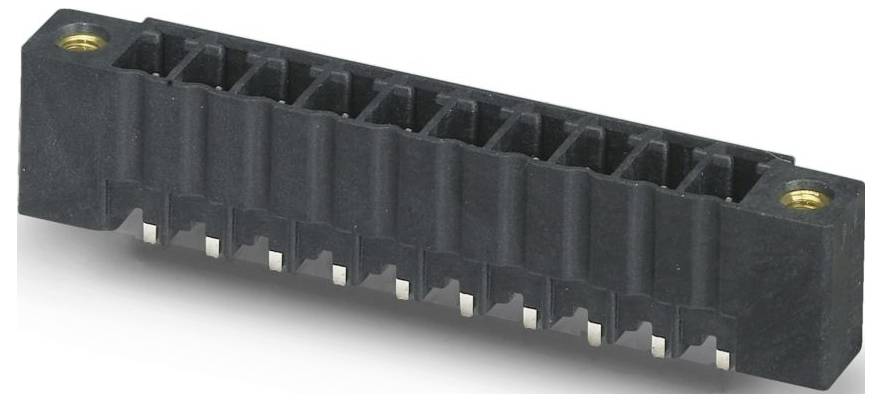 Ein grünes Kunststoff-Klemmleisten-Komponente mit mehreren Metallstiften zum Verbinden von Elektrokabeln. Geeignet für Leiterplatten.